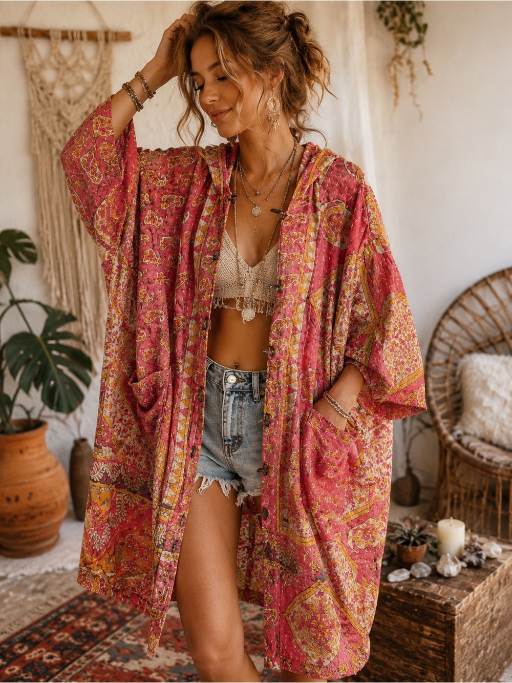 Kantha One of a Kind Button Down Kimono with bell sleeves